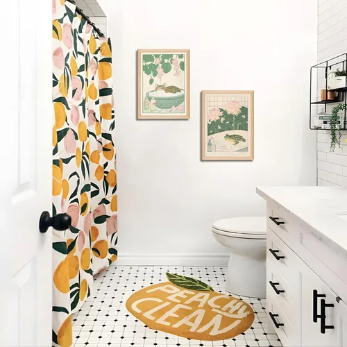 Miniatura 8 de Juego de 2 lienzos japoneses enmarcados para pared de baño con gatos y ranas, marco de madera, impresiones abstractas de naturaleza para decoración