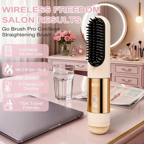 Miniatura 4 de Go Brush Pro 2026 - Cepillo alisador de pelo inalámbrico portátil de 3 temperaturas para viajes, calor rápido de 30 segundos y pantalla digital LED