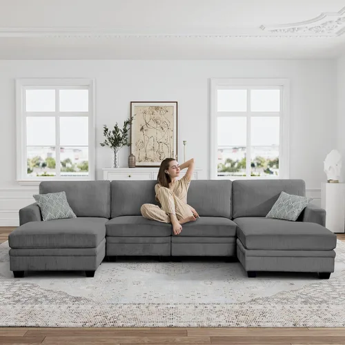 Miniatura 49 de Legend Vansen Sofá Seccional Modular de Gran Tamaño, Sofá en Forma de U de 7 Asientos con Otomana, Sofá de Pana con Asiento Profundo, Sofás Crema