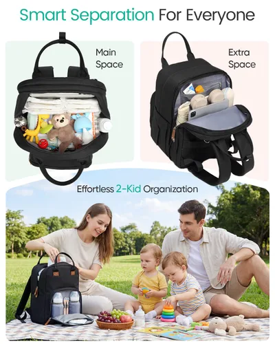 Miniatura 3 de Qualyphant Mochila para pañales extragrande para dos niños gemelos, bolsa de bebé expandible (26-36 L), compartimentos grandes duales, incluye Negro