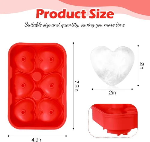 Miniatura 2 de Domensi 2 moldes grandes de hielo en forma de corazón 3D reutilizables de silicona con 6 formas de corazón para bricolaje, chocolate, dulces, Rojo