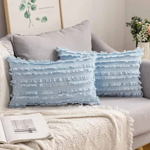 Miniatura 21 de MIULEE Juego de 2 fundas de almohada decorativas estilo bohemio de lino a rayas jacquard patrón fundas de cojín para sofá, sala de estar