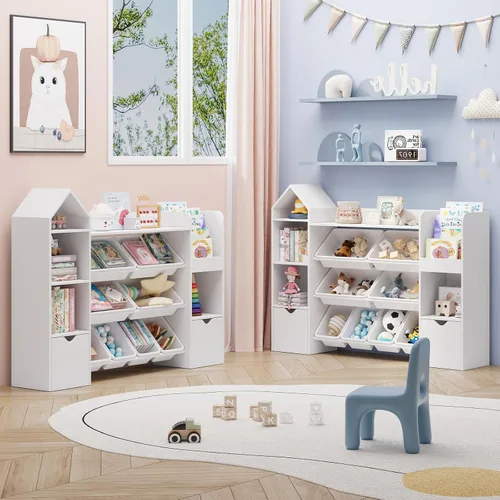 Miniatura 7 de Halitaa Organizador de almacenamiento de juguetes, estantería blanca con 8 contenedores de juguetes extraíbles, organizadores de almacenamiento