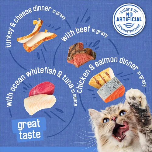 Miniatura 5 de Purina Friskies - Paquete variado de alimentos húmedos para gatos en salsa, trizas sabrosas con cena de res, pavo y queso, cena de pollo y salmón