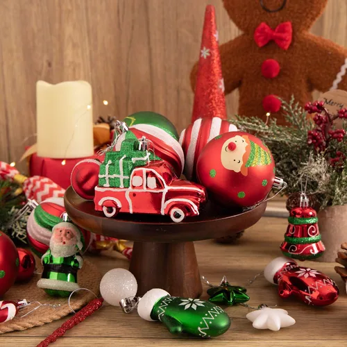 Miniatura 2 de Juego de Adornos de Bolas de Navidad, 64 unidades, Colección Splendor Alegre Rojo Verde Blanco, Adornos Navideños Surtidos Irrompibles para Fiestas