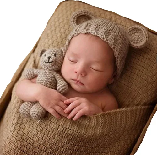 Moda recién nacido niños niñas bebé sesión de fotos accesorios trajes ganchillo oso sombrero gorro con oso fotografía accesorios traje