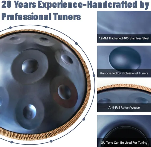 Miniatura 5 de Handpan 22 pulgadas D Minor Kurd Handpan 9 Notas Handpan Instrumento para rendimiento profesional, 440HZ Sonido Handpan Tambores para adultos
