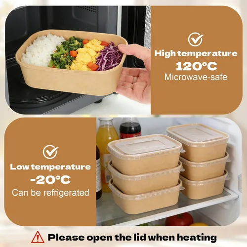 Miniatura 4 de Paquete de 50 cuencos desechables de papel kraft de 17 onzas con tapas, recipientes rectangulares de preparación de comidas a granel, ensaladera