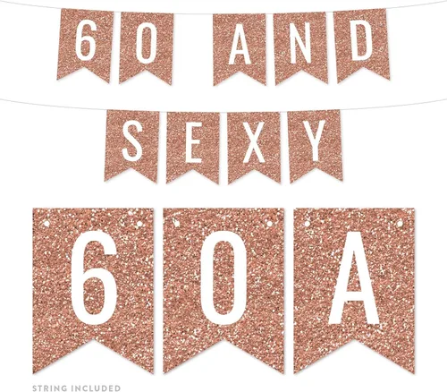 Andaz Press Decoración de pancarta de fiesta de cumpleaños con fondo de purpurina sintética de color oro rosa, 60 y sexy, aproximadamente 5 pies, 1