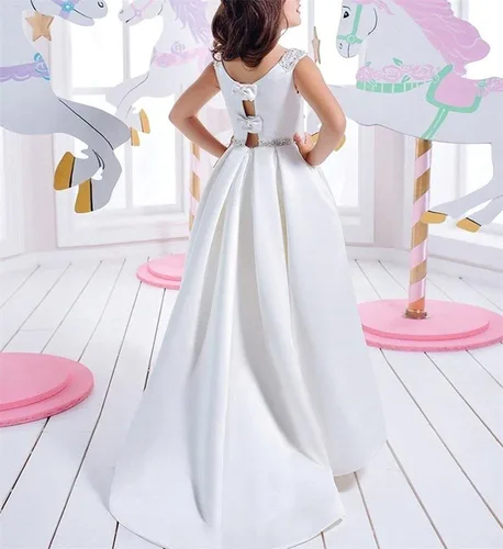 Miniatura 2 de Vestidos blancos de primera comunión para niñas de 7 a 16 años con volantes de satén para fiesta de cumpleaños