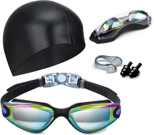 Miniatura 8 de Gafas de natación sin fugas con clip de nariz, tapones para los oídos, gorro de natación y funda para hombres y mujeres Negro