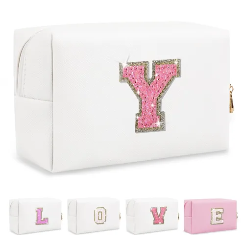 Miniatura 349 de Pequeña bolsa de maquillaje personalizada con inicial A-Z Preppy Patch, bolsa de cosméticos de viaje de felpilla blanca con cremallera, bonita bolsa