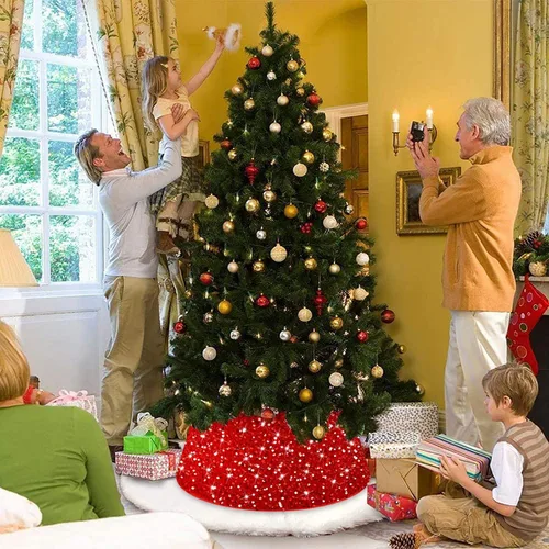 Miniatura 5 de FANPROMS Collares de Árbol de Navidad para Árboles Artificiales Base de 23.6 Pulgadas de Diámetro Falda de Árbol de Lentejuelas Rojas Moderno Anillo