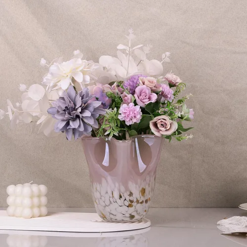 Miniatura 4 de DOVDOV Florero de cristal rosa soplado a mano, decoración de jarrón de boca ancha ondulado, jarrón de vidrio único para centro de mesa de comedor