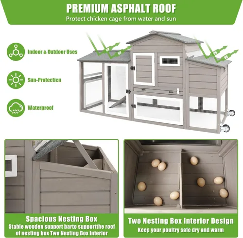 Miniatura 6 de PetsCosset Gallinero de 136 pulgadas con ruedas, gallinero de madera para patio trasero al aire libre para 1-6 pollos, jaula de aves de corral de 2