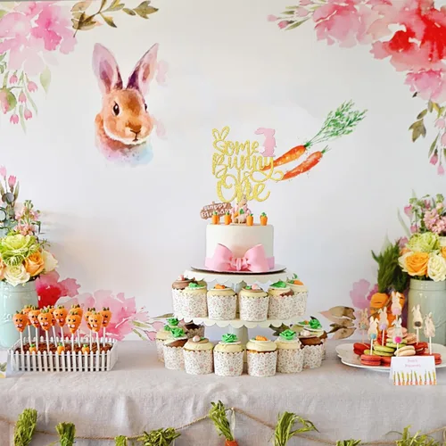 Miniatura 4 de 1 pieza de decoración de pastel con purpurina dorada de conejo de Pascua para primer cumpleaños para temática de Pascua, baby shower, niños, primera