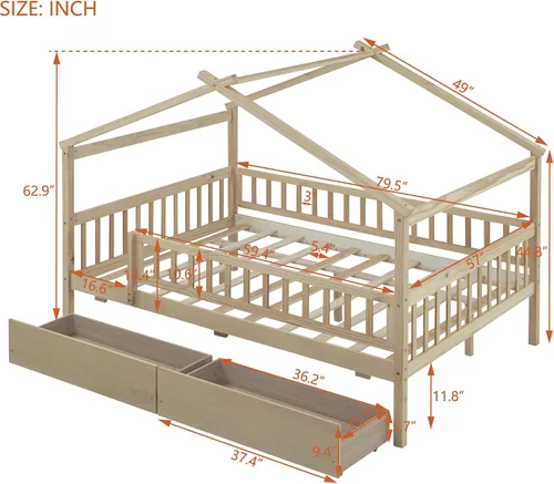 Miniatura 2 de Cama de casa matrimonial para niños, cama Montessori de tamaño matrimonial con 2 cajones de almacenamiento, barandillas y techo, cama