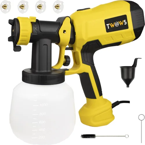 TWOWS, Pulverizador de pintura, 600 W, pistola de pintura HVLP, con contenedor de 40.6 fl oz, taza de limpieza y viscosidad, 4 boquillas de cobre y