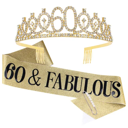 Banda y tiaras de 60 cumpleaños para mujer, decoraciones de cumpleaños 60 para mujer, fabulosa banda y corona para mujeres de 60 años y fabulosos