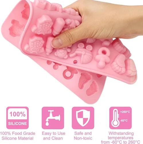 Miniatura 5 de Paquete de 2 moldes de chocolate para baby shower, moldes de dulces de silicona para bebés con formas de enterizo, pies, chupete, cunas, oso