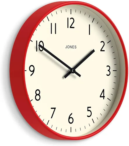 JONES CLOCKS® Reloj de pared de estudio | Estilo redondo moderno | 12 pulgadas | Rojo | Números fáciles de leer | Diseño versátil para cocina, sala