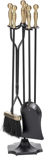 nalone Juego de 5 herramientas para chimenea, asas de latón, accesorios de chimenea de hierro forjado con póquer, pinzas, pala, cepillo,