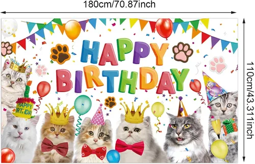 Miniatura 2 de Tatuo Telón de fondo de feliz cumpleaños de 5.9 x 3.6 pies, decoración de cumpleaños de gato, temática de gatito, fondo de fotos, fondo