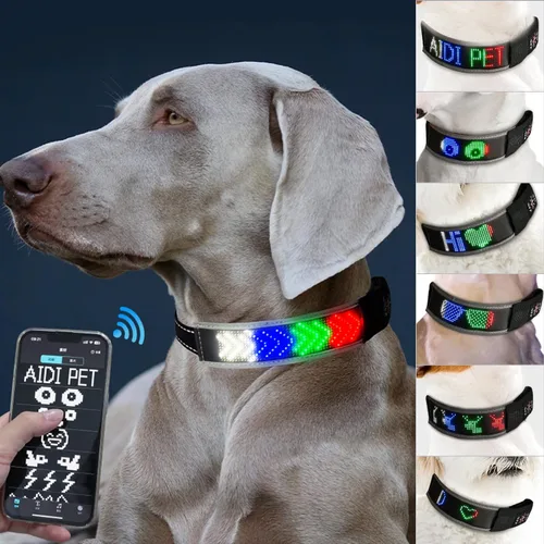 Collar de perro LED, control de aplicación Bluetooth, múltiples colores RGB, collar de perro con luz LED digital, recargable por USB y ajustable,