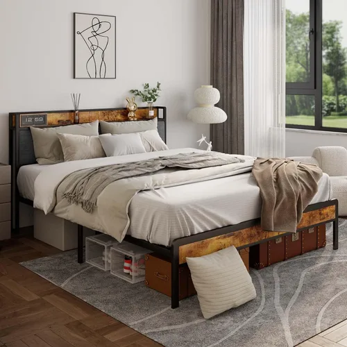 Gizoon Base de cama Queen con cabecera y estribo para dormitorio, cama de plataforma de metal con almacenamiento debajo de la cama, soporte de metal