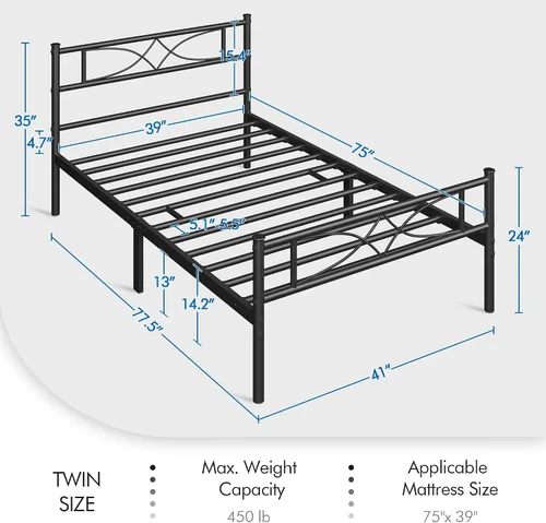 Miniatura 2 de Yaheetech Estructura de Cama Tamaño Twin Plataforma de Metal con Cabecero de Diseño Curvo Piecero/No Necesita Somier/Base de Colchón/Soporte Negro