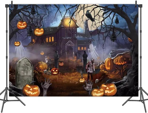 Miniatura 4 de Telón de fondo temático de Halloween para fotografía, castillo de fantasmas, luna, noche aterradora, calabaza, farol, cuervo, fondo para fotos