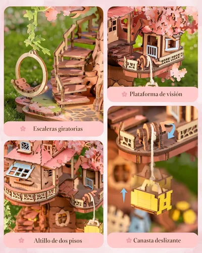 Miniatura 5 de Rolife Kits de casa en miniatura para bricolaje, casa de árbol Sakura, rompecabezas de madera 3D de 12 pulgadas para adultos, modelo de flor
