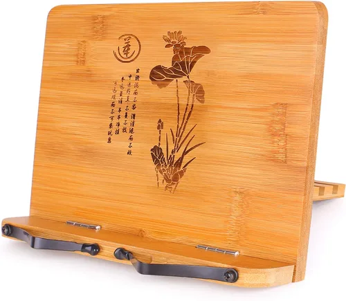 Miniatura 12 de MEGREZ Soporte de bambú para libros de 13.2 x 9.4 pulgadas, soporte plegable para libros de cocina con 6 alturas ajustables, soporte para libros