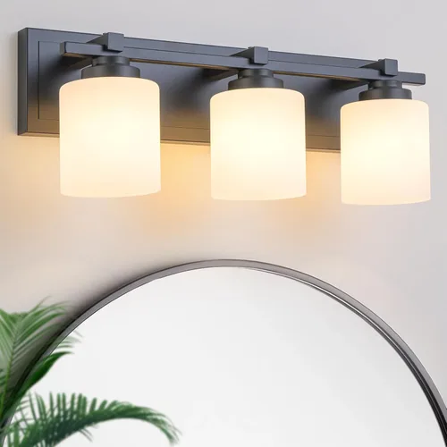 Miniatura 14 de 1 Luminaria Moderna de Baño sobre Espejo, Luces de Tocador Negro Dorado para Apliques de Pared de Baño con Pantallas de Vidrio Blanco Lechoso