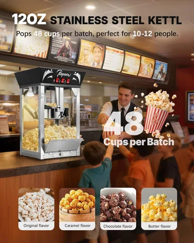 Miniatura 2 de Máquina comercial de palomitas de maíz de 12 onzas, 850 W, máquina de palomitas de maíz de cine, máquina de palomitas de maíz de mesa negra con Negro