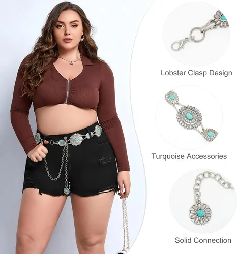 Miniatura 3 de WHIPPY Cinturón de cadena para mujer, correa de cadena de eslabones de metal, vaquera occidental, turquesa, para vestido