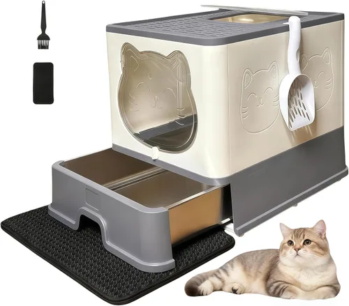 XL Enclosed Cat Litter Box with Stainless Steel Drawer & Lid - Extra Large, Leak-Proof and Odor-Control Covered Design Litter Tray or Indoor Cats,