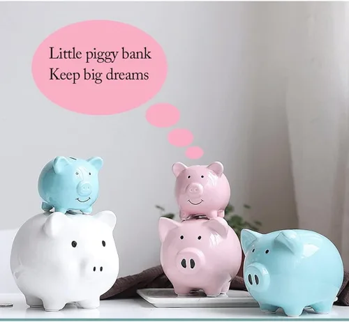 Miniatura 5 de Alcancía, alcancía decorativa de cerámica para adultos y niños para apreciar un bonito banco de dinero para niños y niñas (azul, blanco, rosa)