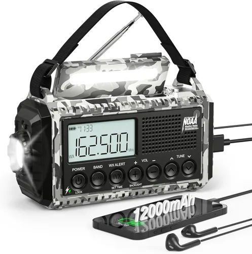 Miniatura 13 de Radio meteorológica de emergencia, manivela solar, funciona con pilas, radio de onda corta AM FM portátil con alerta NOAA, linterna, lámpara de Rojo