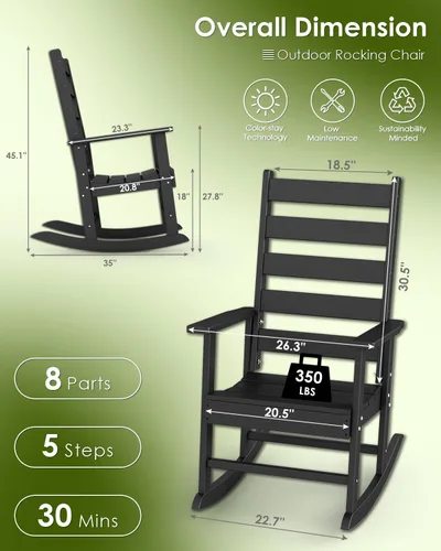 Miniatura 3 de GREENVINES Juego de 2 sillas mecedoras para exteriores Plástico HDPE Mecedoras de patio Silla mecedora de porche Coctelera De gran