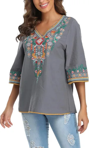 Miniatura 2 de YZXDORWJ Blusa campesina mexicana bordada con cuello en V para mujer