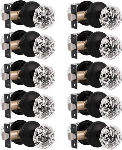Miniatura 16 de Gobrico Pomo de puerta de cristal para dormitorio y baño con roseta clásica negro mate, diamante transparente octogonal para puerta interior, 1