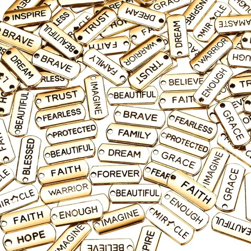 Hicarer Dijes de palabras grabadas motivacionales, accesorios para hacer joyas, collares, pulseras, llaveros (dorado, 80 unidades)