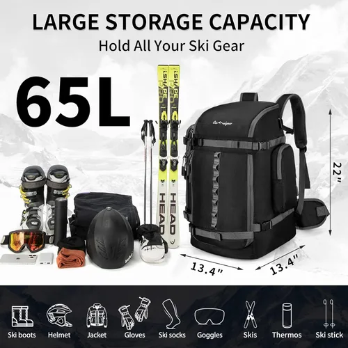 Miniatura 3 de Bolsa para Botas de Esquí de 65L, Bolsa de Viaje Grande Tipo Duffel, Mochila para Botas de Esquí de 1680D Nylon Impermeable y Acolchada