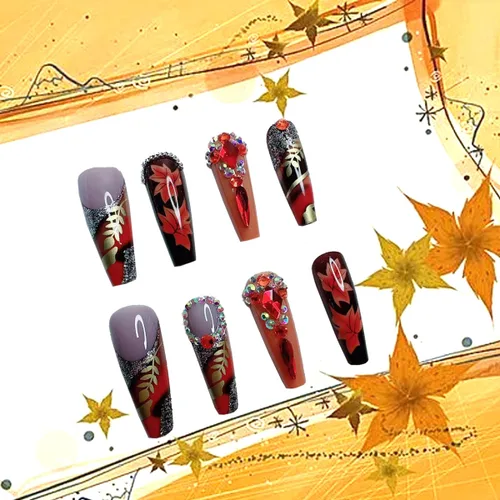 Miniatura 2 de 24 uñas postizas largas a presión con diseño de ataúd con diamantes de imitación, uñas postizas de cobertura completa, uñas postizas de otoño