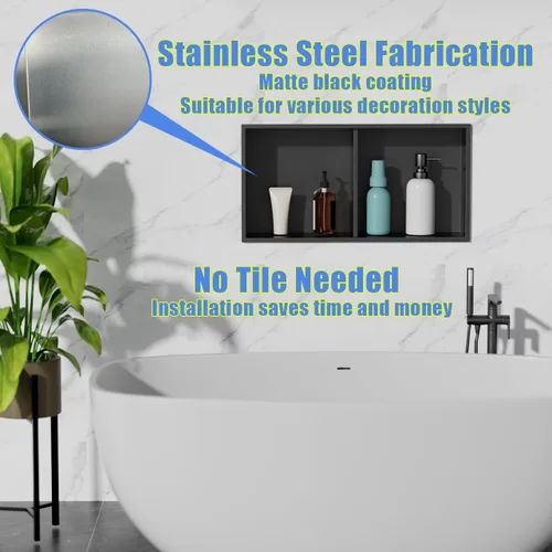 Miniatura 6 de Nicho de ducha empotrado de 24 x 12 pulgadas con estantes dobles, inserto de pared de acero inoxidable negro mate, no necesita azulejos