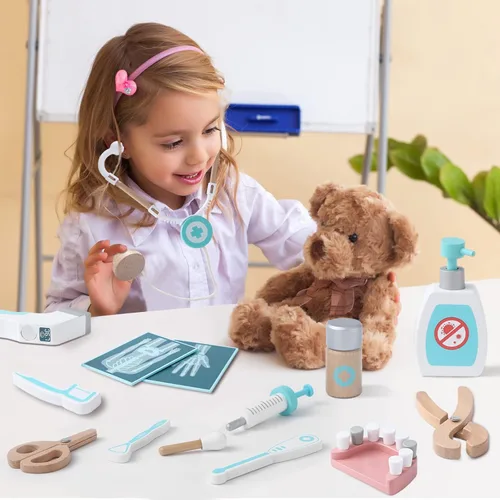 Miniatura 5 de umu Kit de médico para niños, juguete de simulación de 36 piezas de madera para niños pequeños, kit de dentista Montessori Toys para niños y niñas
