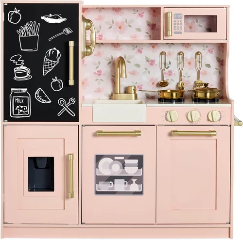 Miniatura 9 de Best Choice Products Juego de juguetes de madera para niños con diseño realista, teléfono, utensilios, horno, microondas, fregadero - negro