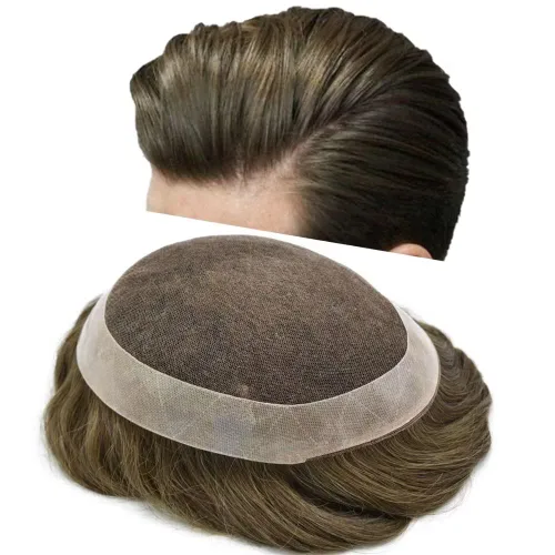 Miniatura 11 de Tupé para hombres, sistema de cabello humano, encaje francés suave con PU para hombre, extensiones de pelo de piel fina para hombres, pelucas