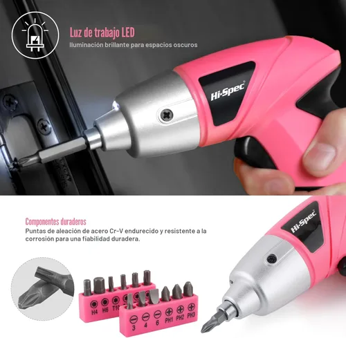 Miniatura 4 de Hi-Spec Destornillador eléctrico 19 piezas 3.6V rosa USB pequeño juego de destornillador de potencia. Destornillador inalámbrico y recargable